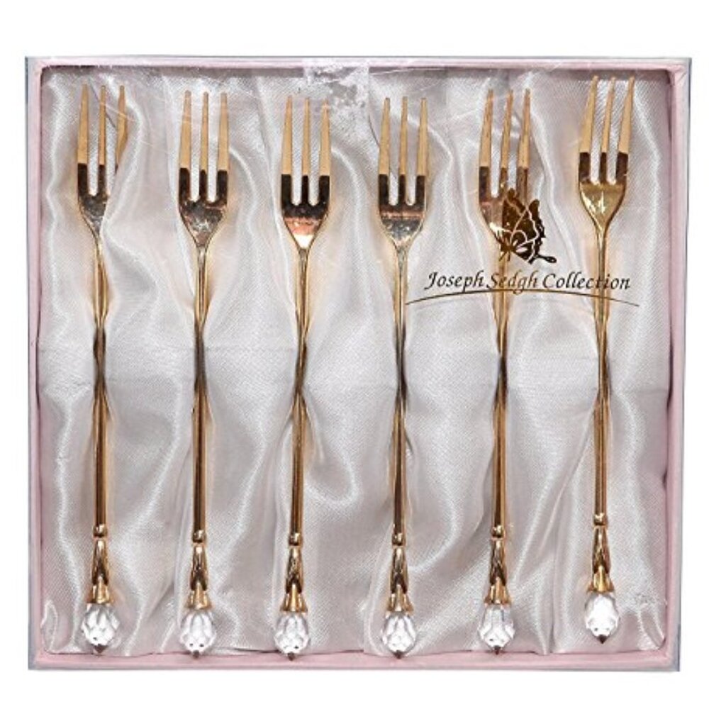 Gold Dessert Forks Joseph Sedgh Collection Pink Jewel Gift Box Set of 6 NIB